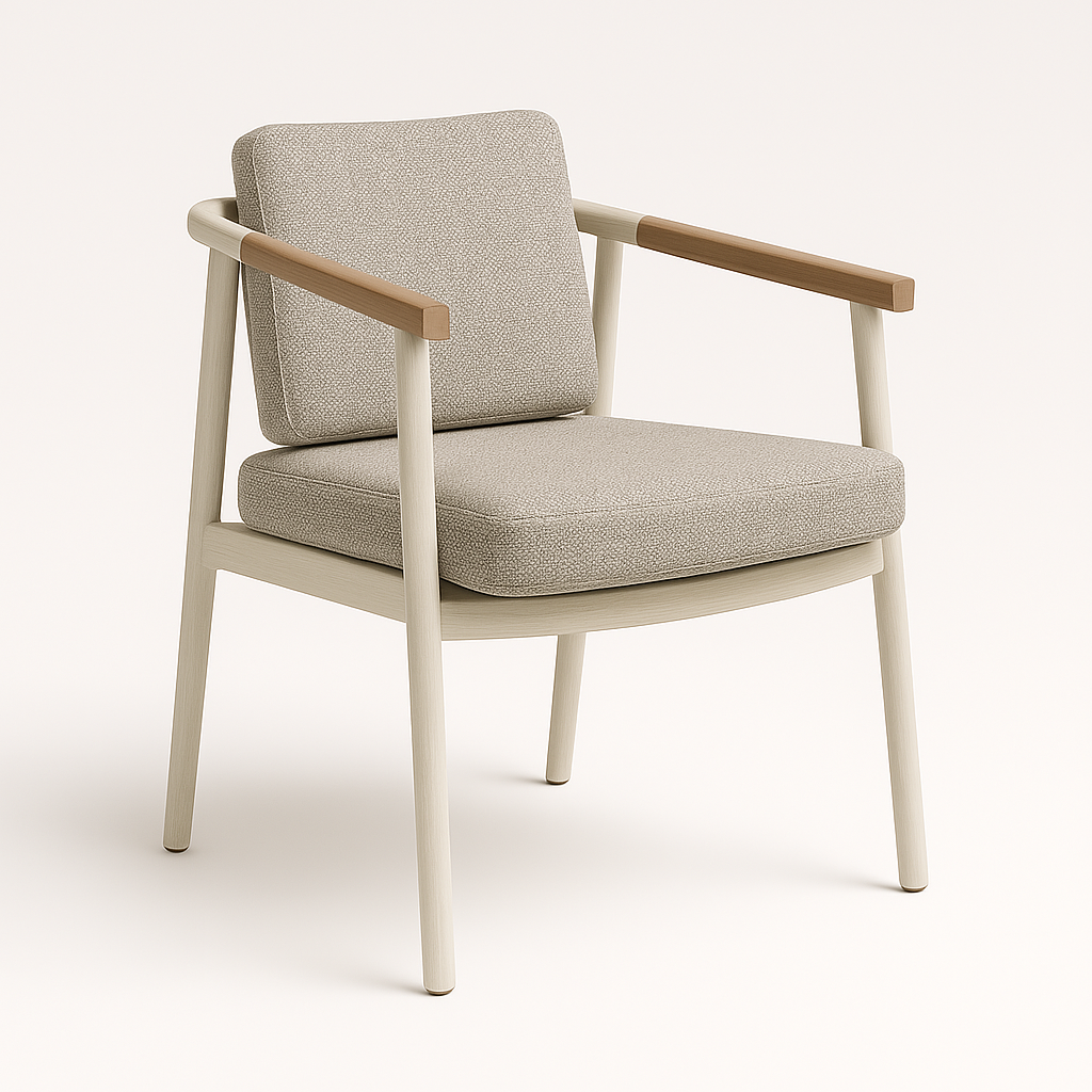 Silla individual exterior tapizada en gris con madera de teca