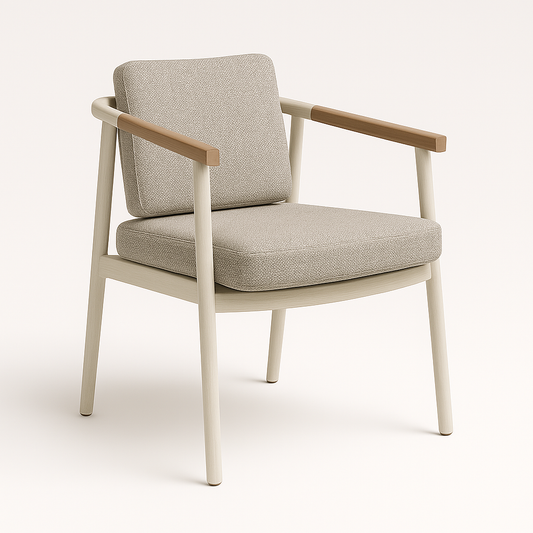 Silla individual exterior tapizada en gris con  madera de teca