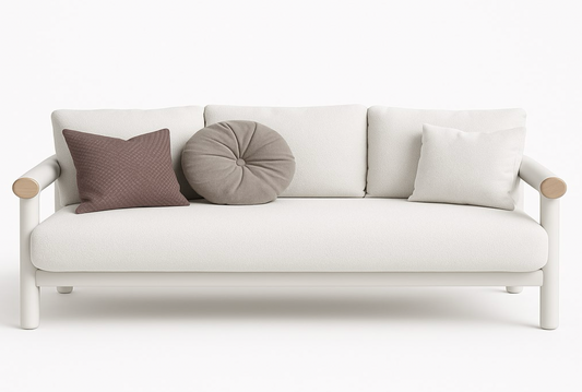 Sillón triple exterior tapizada en gris con  madera de teca